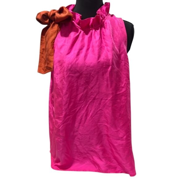 J.Crew Collection Silk Twill Top with Fixed Bow – Fuchsia Ruffle Blouse – Size M - Picture 3 of 12